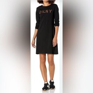 DKNY Black Heather Sequin Logo Long Sleeve Dress.  Sz L